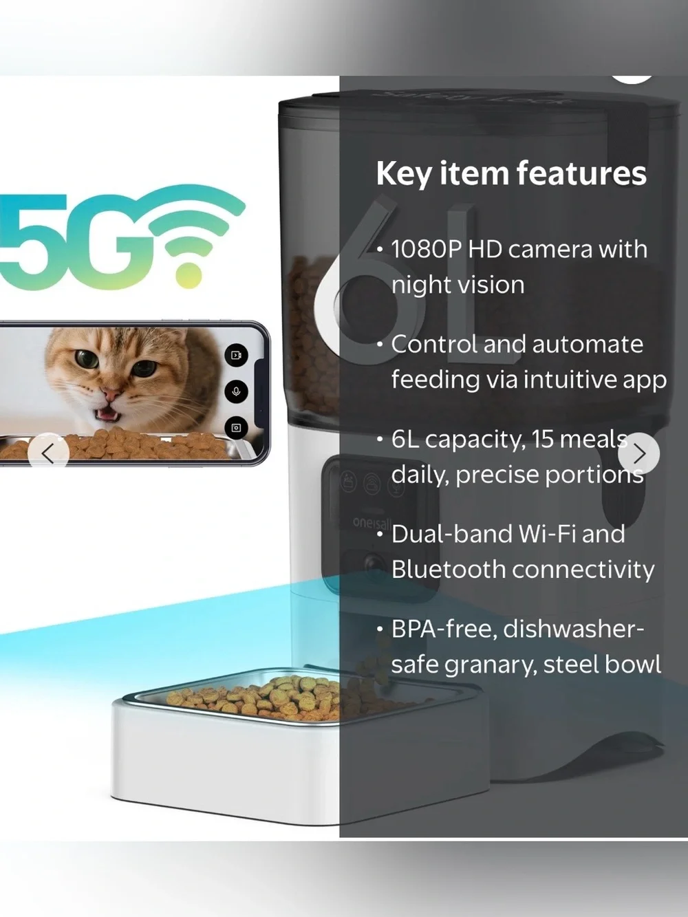 Automatic Cat Feeder with Clear Smoke Gray Hopper and White Base - Camera w/ mic